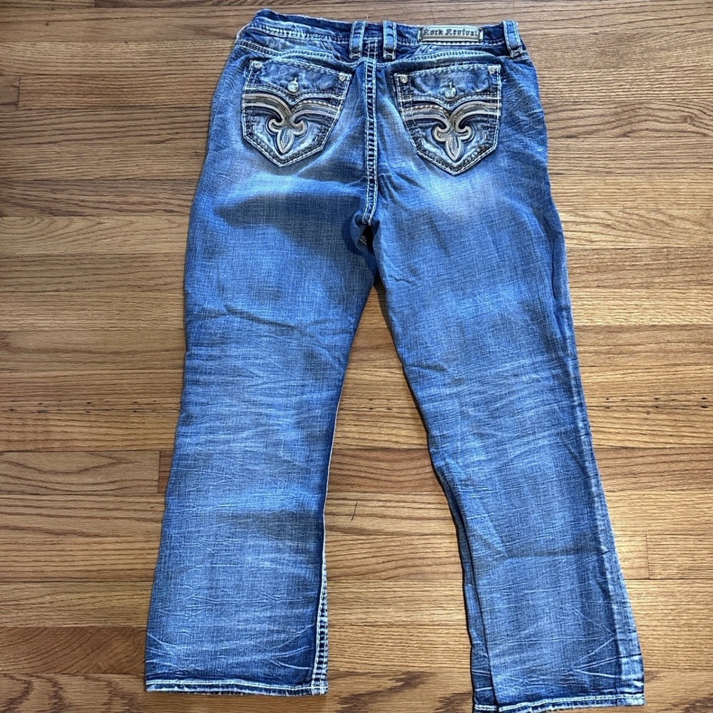 Rock Revival Pine Bark Easy Boot‎ Jeans Medium Wash Embroidered Flap Pocket 33